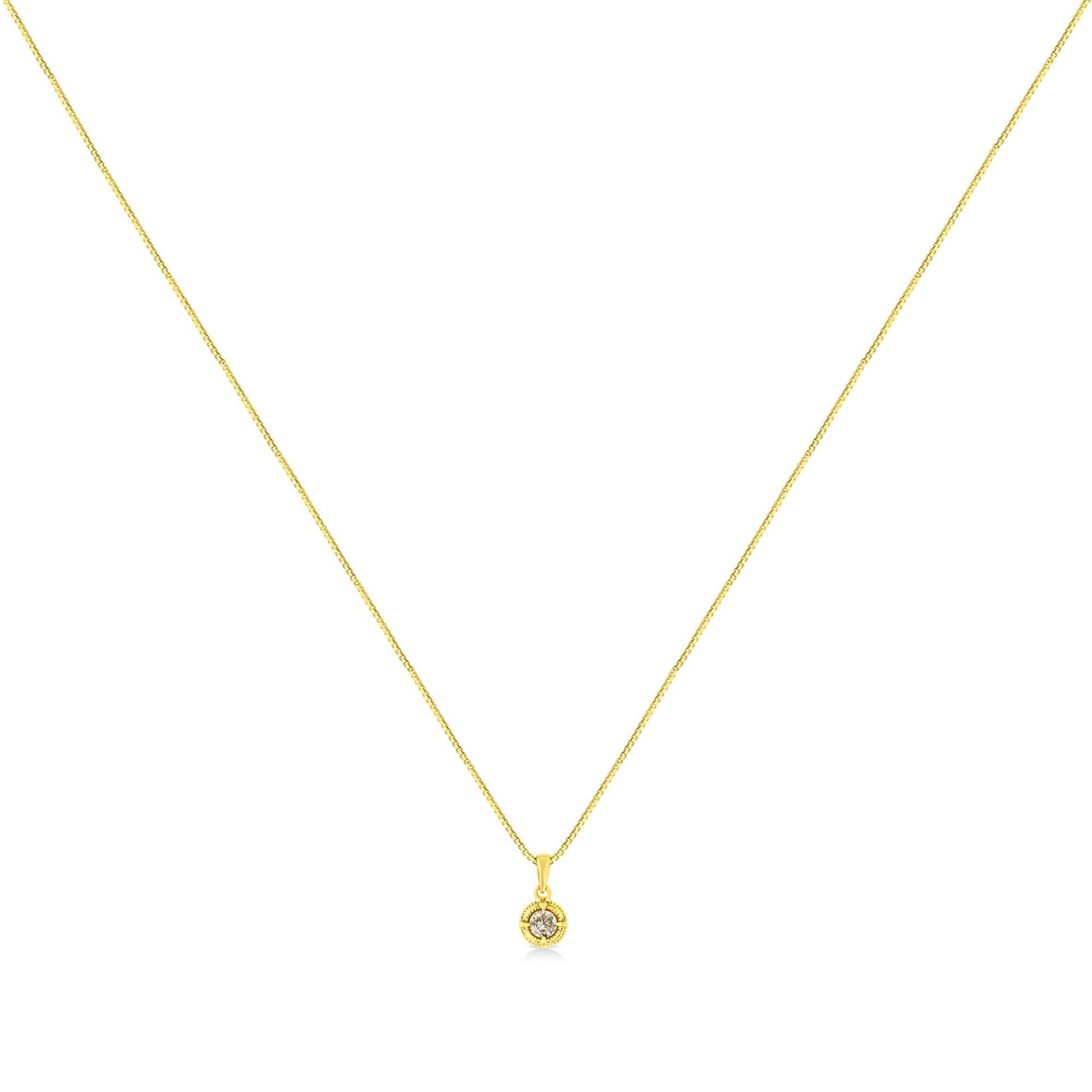 Front view of yellow necklace with single brownish round gemstone in four-prong setting pendant.