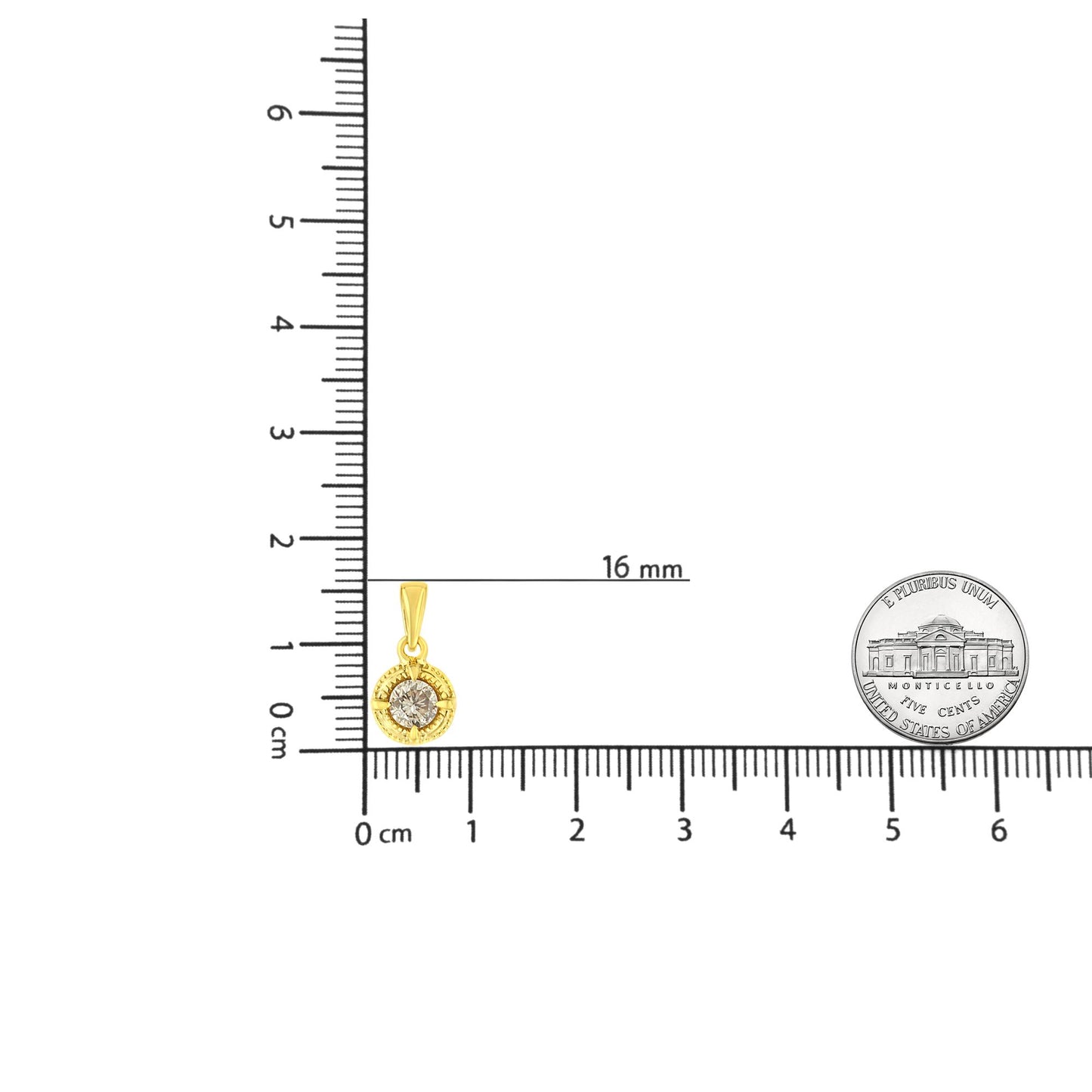 Close-up front view of a yellow metal necklace pendant with a round brownish gemstone in a four-prong setting, shown on a ruler and scale for size reference.
