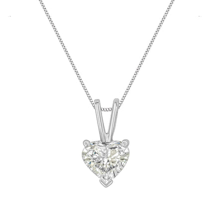 Front view of a white-colored necklace with a heart-shaped pendant featuring a single white gemstone in a prong setting.