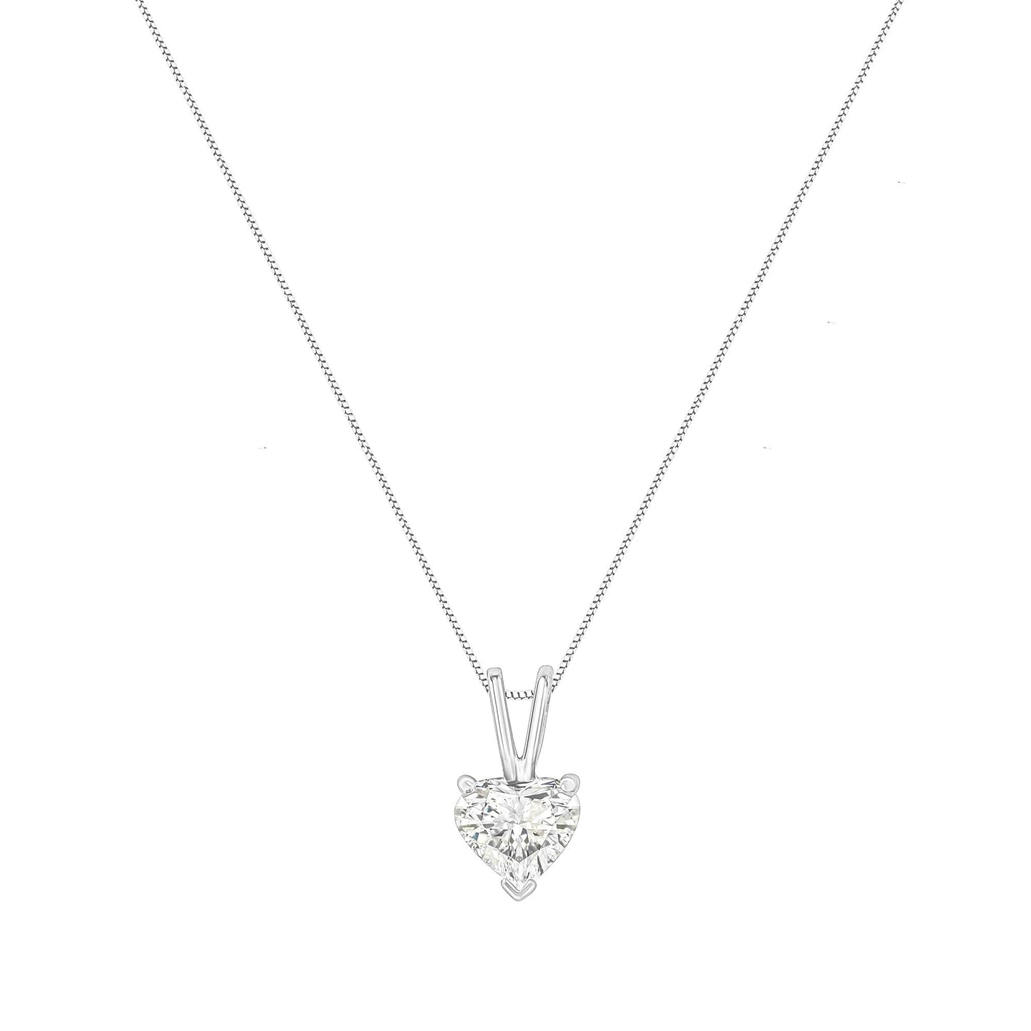 Front view of a white metal necklace with a heart-shaped white gemstone pendant in a prong setting.