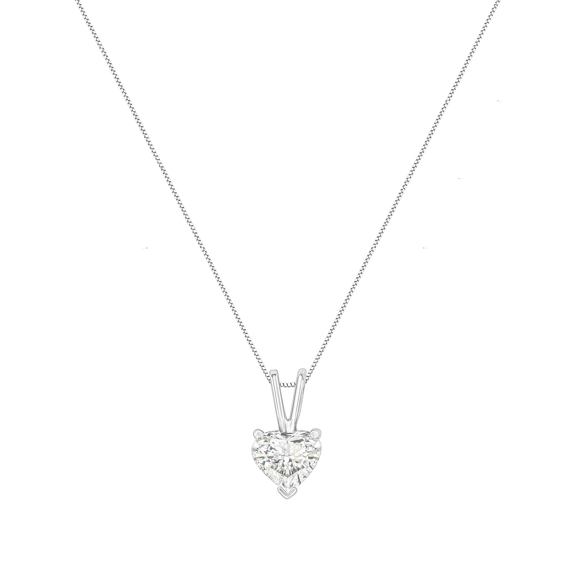 Front view of a white metal necklace with a heart-shaped white gemstone pendant in a prong setting.
