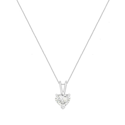 Front view of a white metal necklace with a heart-shaped white gemstone pendant in a prong setting.