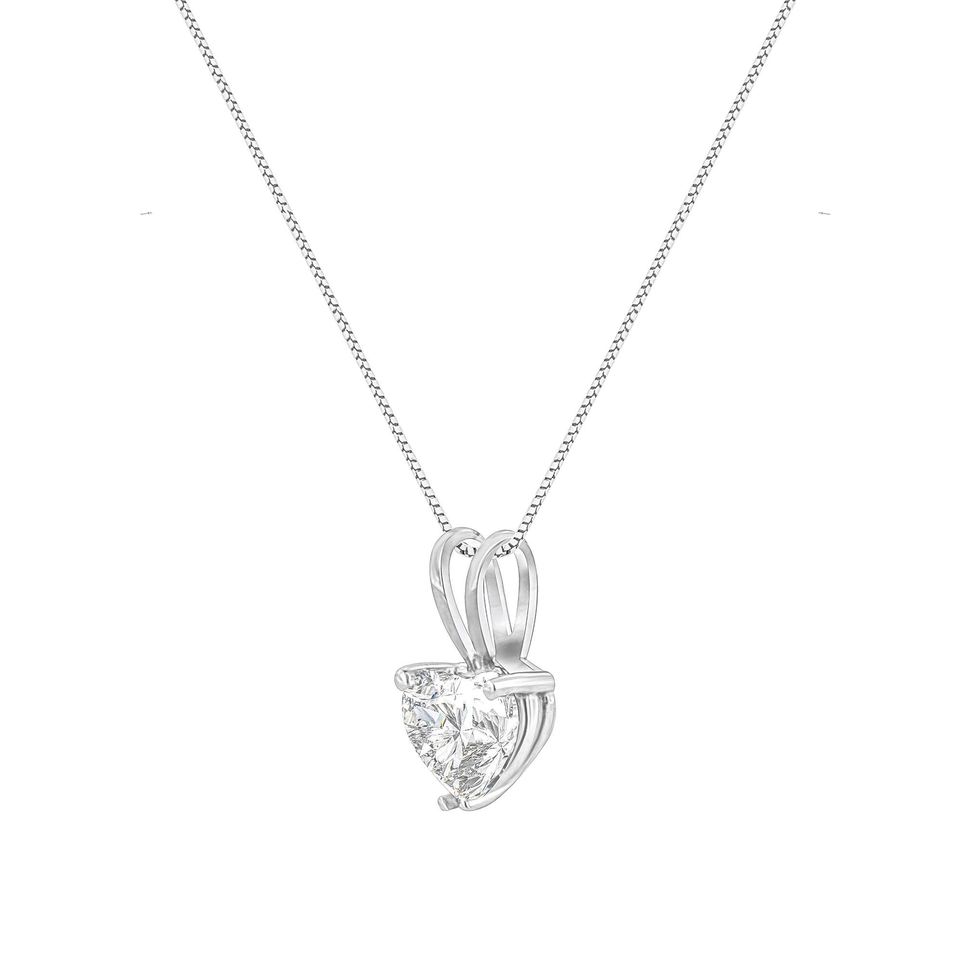 Front angle view of a white-colored necklace with a heart-shaped white gemstone in a prong setting pendant.