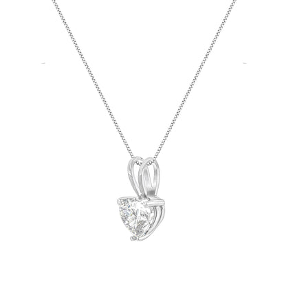Front angle view of a white-colored necklace with a heart-shaped white gemstone in a prong setting pendant.