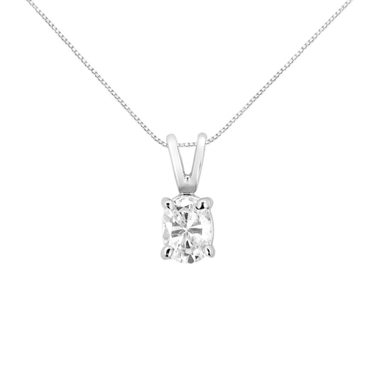 Front view of a white metal necklace with an oval-shaped white gemstone in a prong setting pendant.