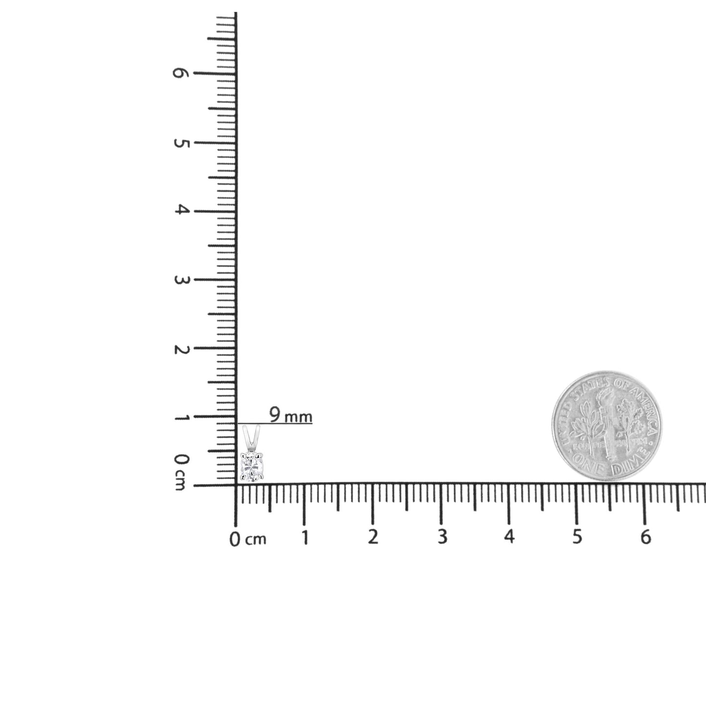 Close-up front view of a white metal necklace pendant with a single oval-shaped white gemstone in prong setting, shown on a ruler and a dime for size reference.