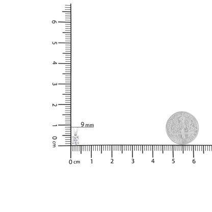 Close-up front view of a white metal necklace pendant with a single oval-shaped white gemstone in prong setting, shown on a ruler and a dime for size reference.