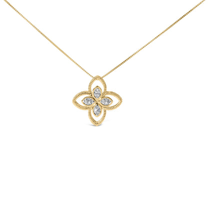 Front-facing view of a yellow metal necklace with a flower-shaped pendant featuring four marquise white gemstones in prong settings.