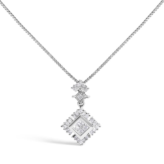 10K White Gold 1/2 Cttw Princess Cut Rhombus Drop Pendant Necklace