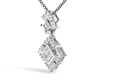10K White Gold 1/2 Cttw Princess Cut Rhombus Drop Pendant Necklace