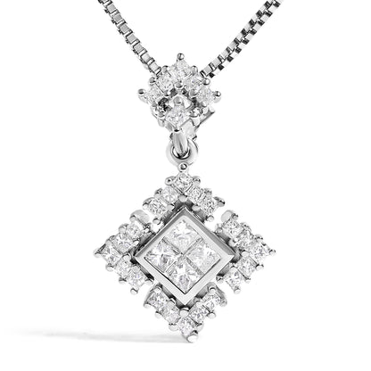 10K White Gold Princess Cut Diamond Geometric Pendant Necklace
