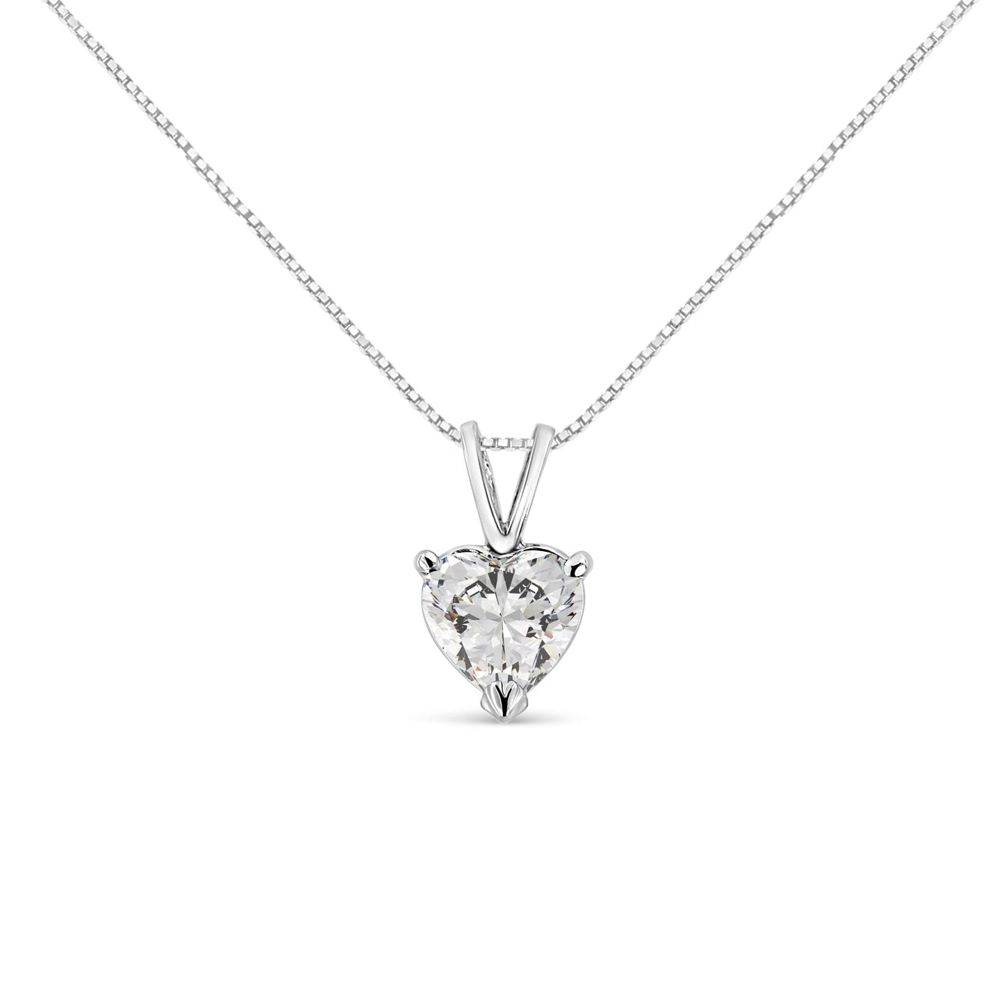 Front angle of a white metal necklace with a heart-shaped white gemstone in a three-prong setting.