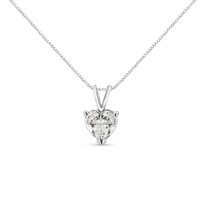 Front angle of a white metal necklace with a heart-shaped white gemstone in a three-prong setting.