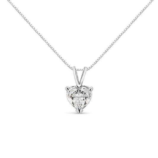 Front angle of a white metal necklace with a heart-shaped white gemstone in a three-prong setting.