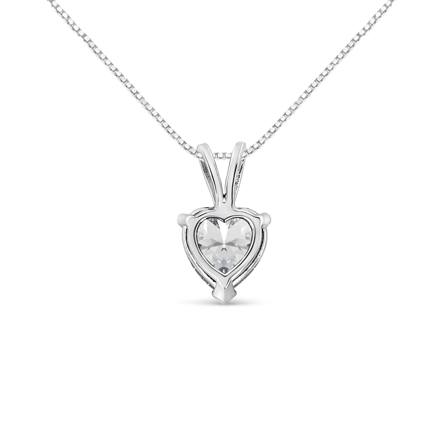 Front view of a white metal necklace with a heart-shaped white gemstone pendant in a three-prong setting.
