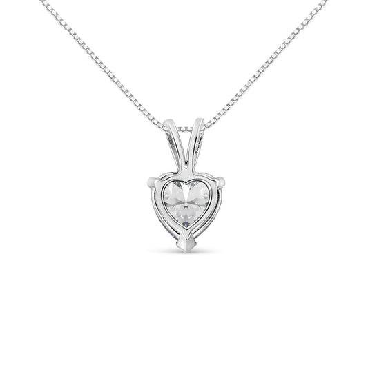Front view of a white metal necklace with a heart-shaped white gemstone pendant in a three-prong setting.
