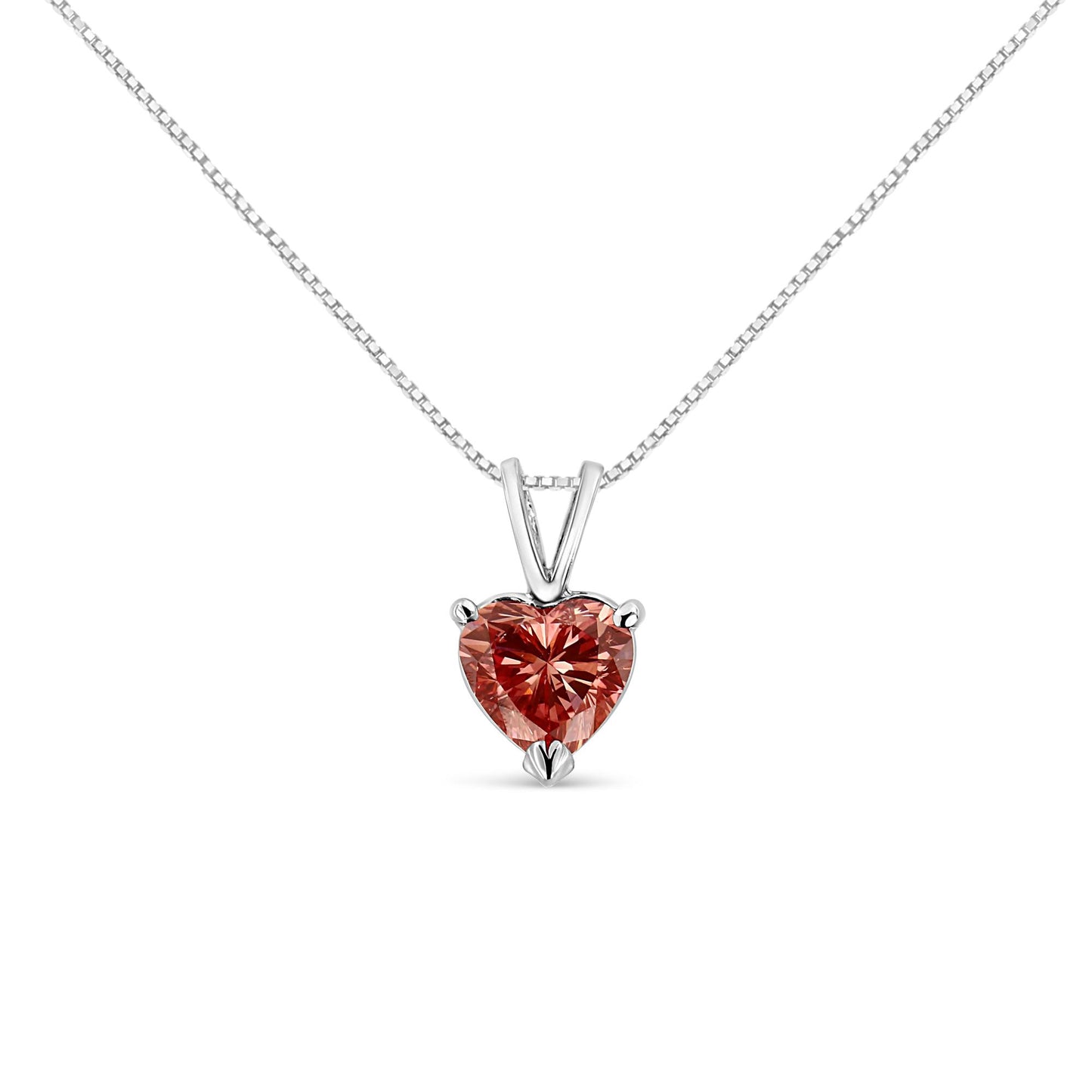 Front angle of a white metal necklace with a heart-shaped pink gemstone pendant in a three-prong setting.