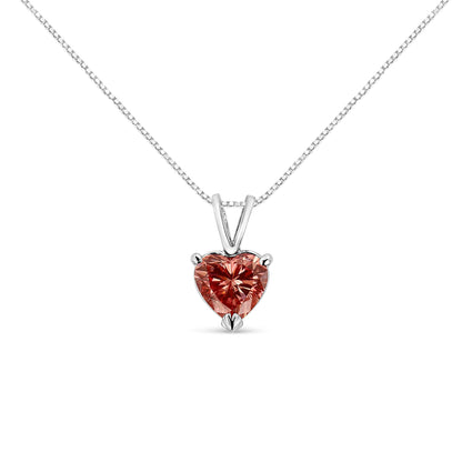 Front angle of a white metal necklace with a heart-shaped pink gemstone pendant in a three-prong setting.