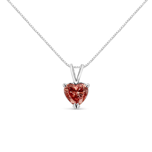 Front angle of a white metal necklace with a heart-shaped pink gemstone pendant in a three-prong setting.