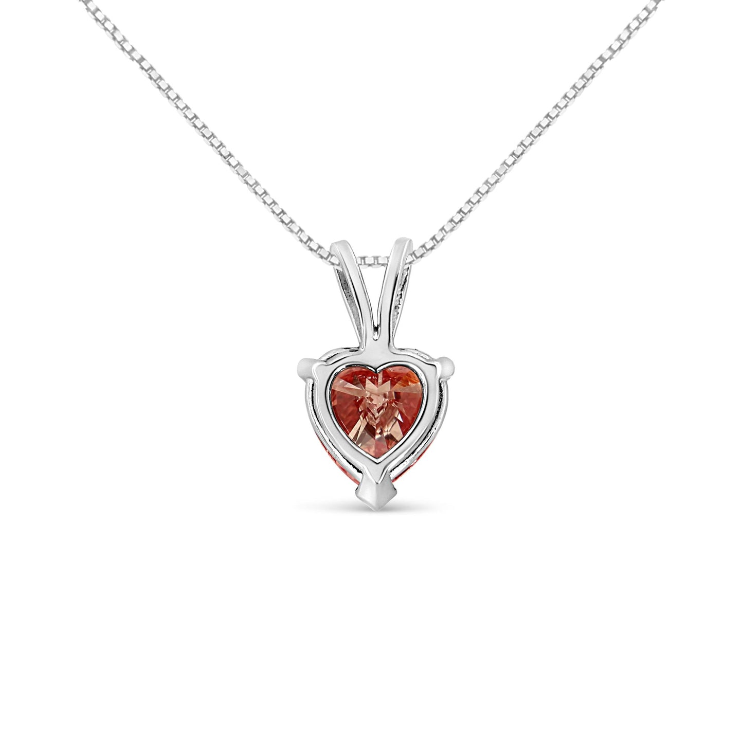 Front view of a white metal necklace with a heart-shaped pink gemstone pendant in a three-prong setting.