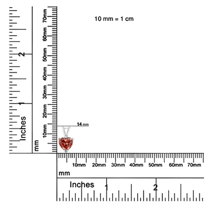 White necklace with heart-shaped pink gemstone in 3-prong setting, shown on a ruler for size reference, top-down angle.