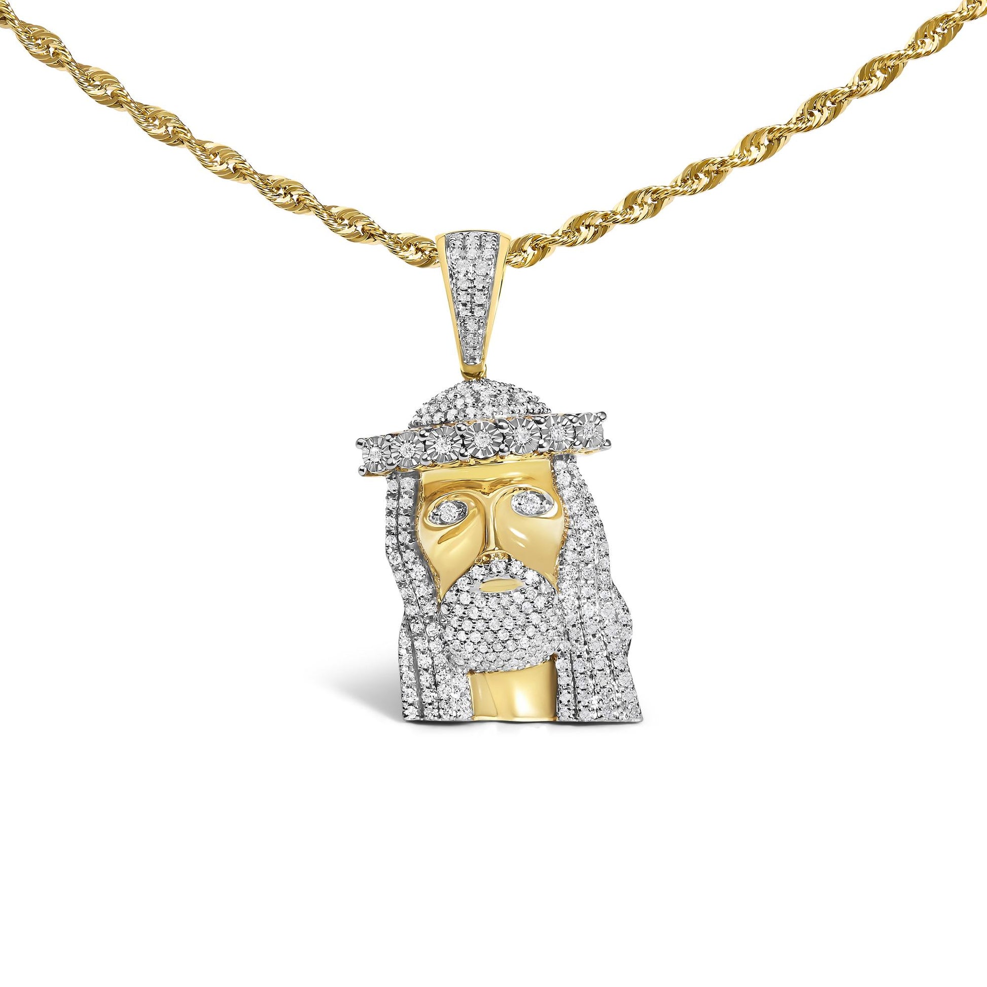 Front view of a yellow necklace with a twisted chain and a stylized face-shaped pendant accented with white gemstones in a pave setting.
