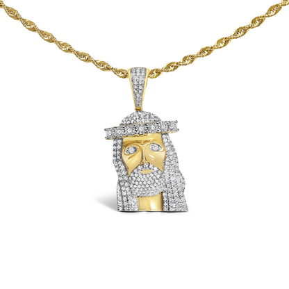 Front view of a yellow necklace with a twisted chain and a stylized face-shaped pendant accented with white gemstones in a pave setting.