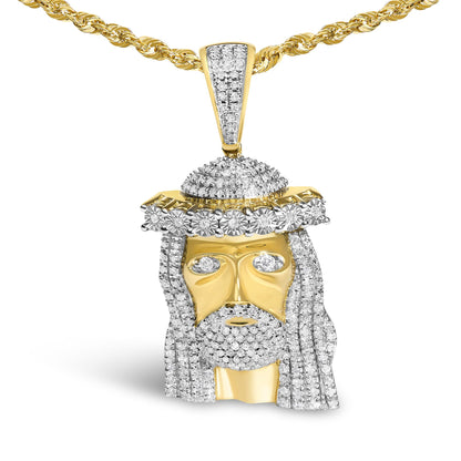 Close-up front view of a yellow metal necklace with a pendant shaped like a face, featuring white round pave-set gemstones outlining the hair, eyes, and crown, showcasing intricate gemstone detailing.