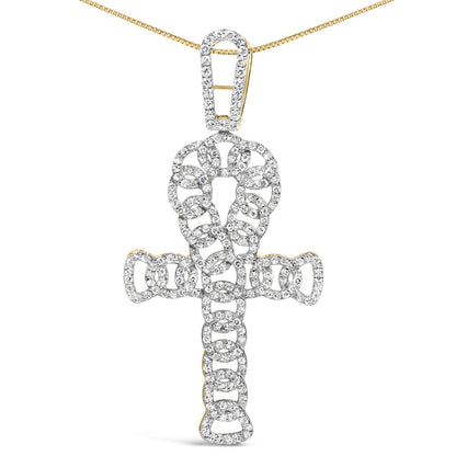 Front angle view of a yellow metal necklace with a cross-shaped pendant featuring an intricate linked design adorned with round white gemstones in prong settings.
