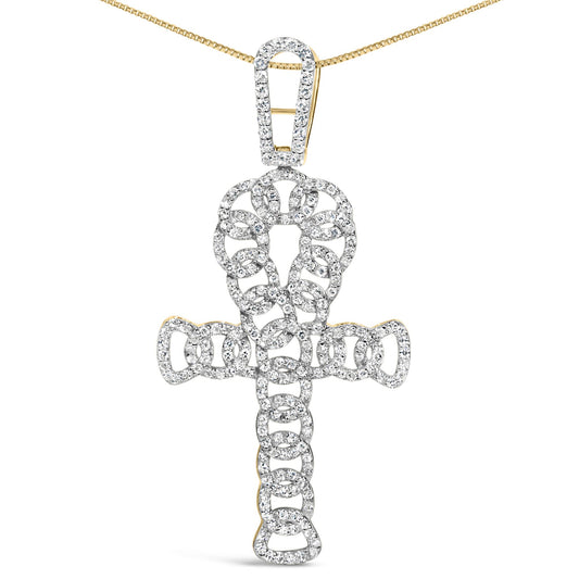 Front angle view of a yellow metal necklace with a cross-shaped pendant featuring an intricate linked design adorned with round white gemstones in prong settings.