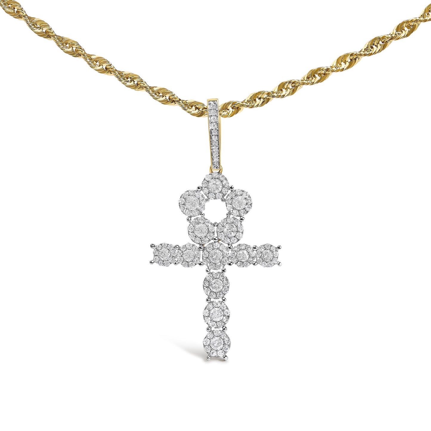 Close-up front view of a yellow necklace with a twisted chain and a cross-shaped pendant adorned with round white gemstones in prong settings.