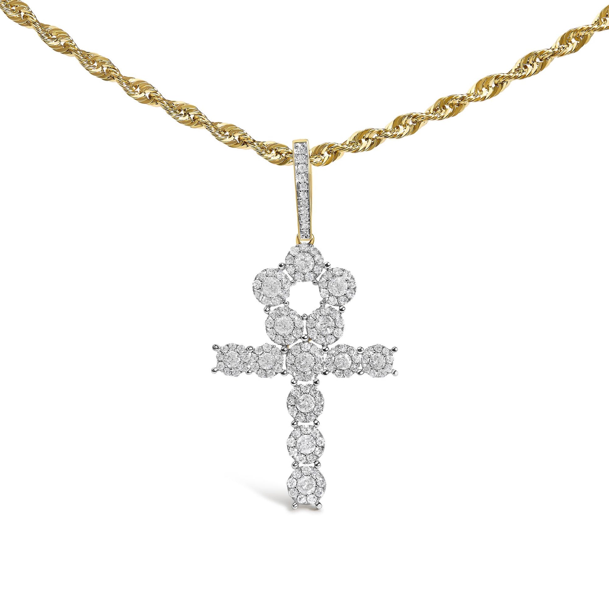 Close-up front view of a yellow necklace with a twisted chain and a cross-shaped pendant adorned with round white gemstones in prong settings.