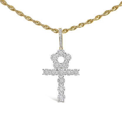 Close-up front view of a yellow necklace with a twisted chain and a cross-shaped pendant adorned with round white gemstones in prong settings.