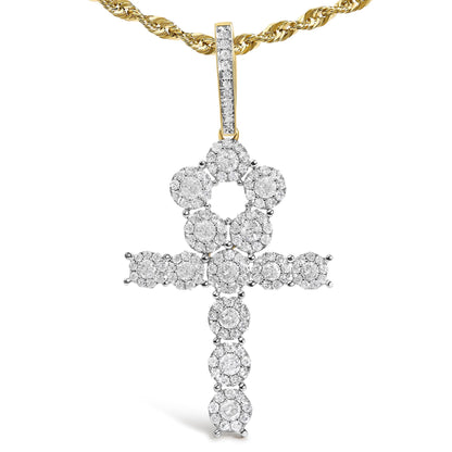 Close-up front view of a yellow metal necklace with a pendant featuring multiple round white gemstones in a prong setting forming a floral and cross pattern.