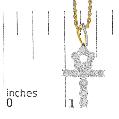 Close-up front view of a yellow metal necklace with intertwined chain links and a pendant featuring clustered round white gemstones in prong settings, shown on a measuring scale.