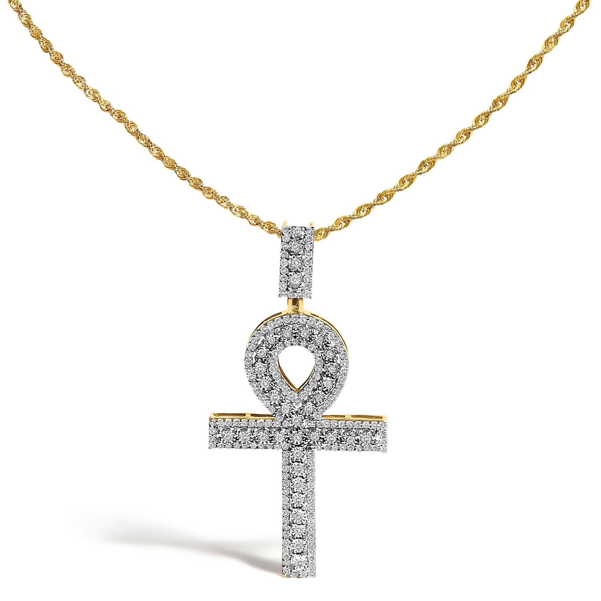 Men's 10K Yellow Gold 1.00 Cttw Diamond Ankh Cross Pendant Necklace