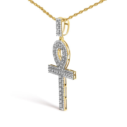 Men's 10K Yellow Gold 1.00 Cttw Diamond Ankh Cross Pendant Necklace