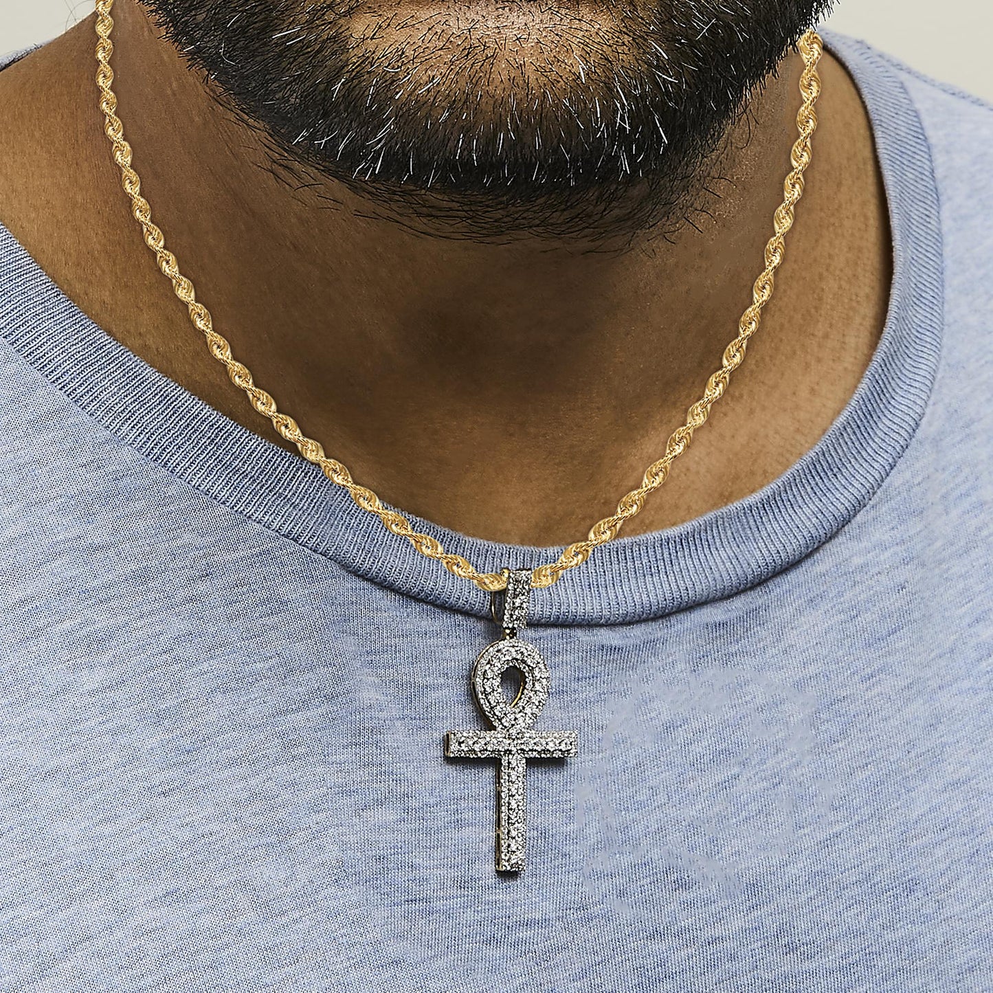 Men's 10K Yellow Gold 1.00 Cttw Diamond Ankh Cross Pendant Necklace