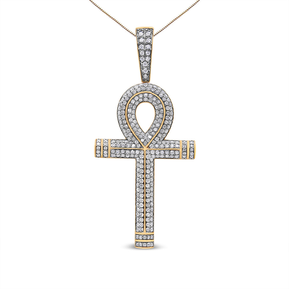 Front-facing shot of a yellow metal necklace pendant in the shape of an ankh, adorned with round white gemstones in prong settings.