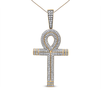 Front-facing shot of a yellow metal necklace pendant in the shape of an ankh, adorned with round white gemstones in prong settings.
