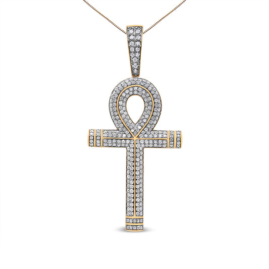 Front-facing shot of a yellow metal necklace pendant in the shape of an ankh, adorned with round white gemstones in prong settings.
