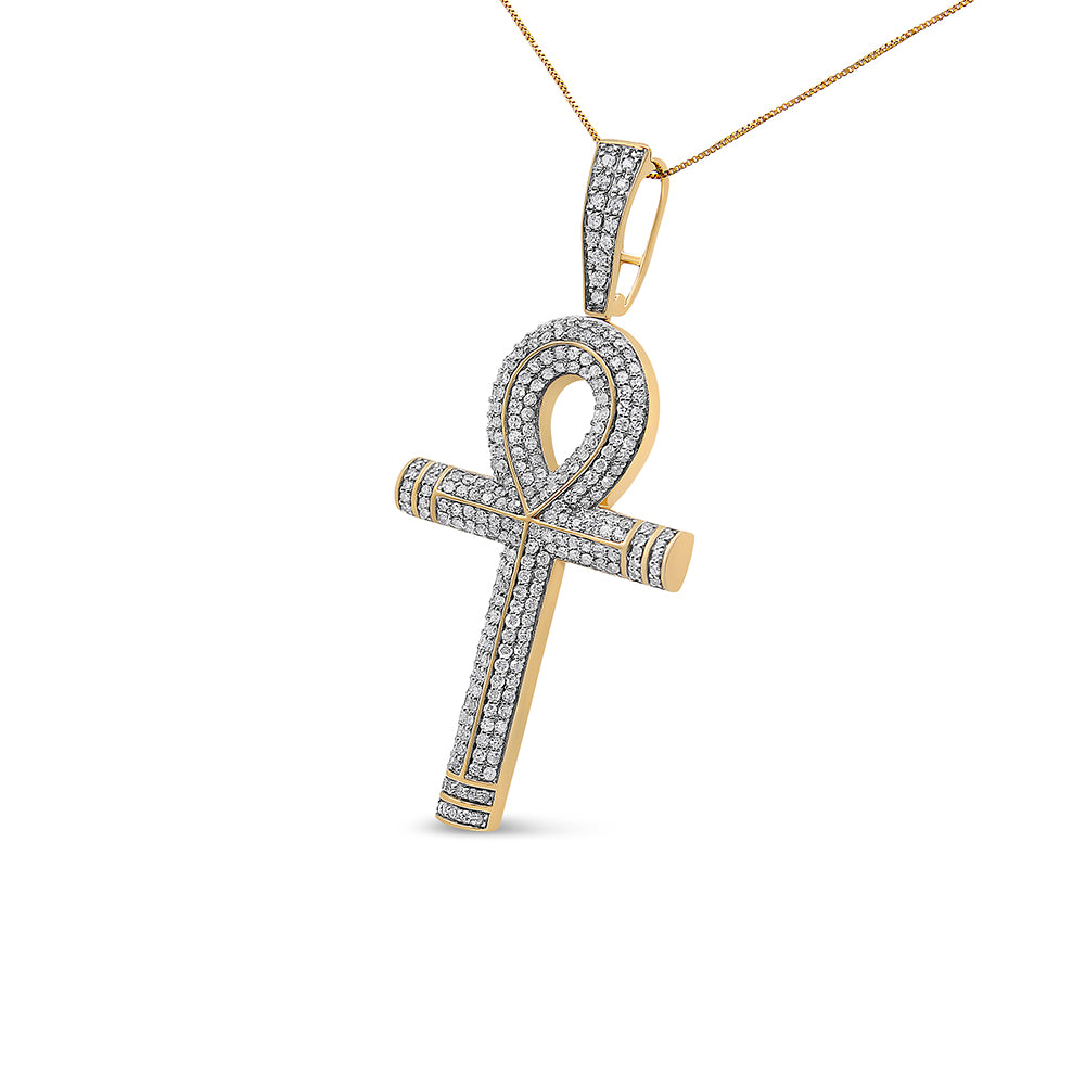 Yellow metal necklace with an ankh-shaped pendant, featuring white round gemstones in prong settings, shown from a front angle against a white background.
