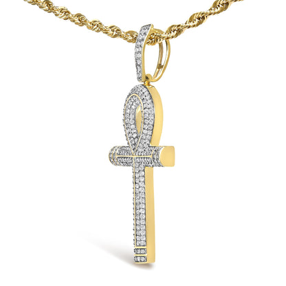 Close-up front view of a yellow metal necklace with a cross pendant featuring numerous round white gemstones in prong settings along the front.