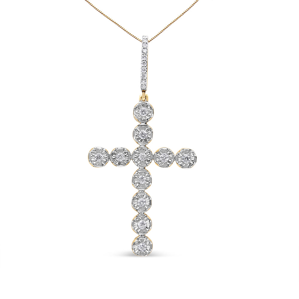 Front-facing shot of a yellow metal cross-shaped necklace pendant with round white gemstones in prong settings.