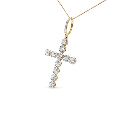 Yellow metal necklace with cross-shaped pendant featuring round white gemstones in prong settings, shown at a slight angle.