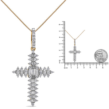 Front view of a yellow metal cross-shaped necklace pendant with white round and baguette-shaped gemstones in prong settings, shown also on a ruler and next to a coin for size reference.