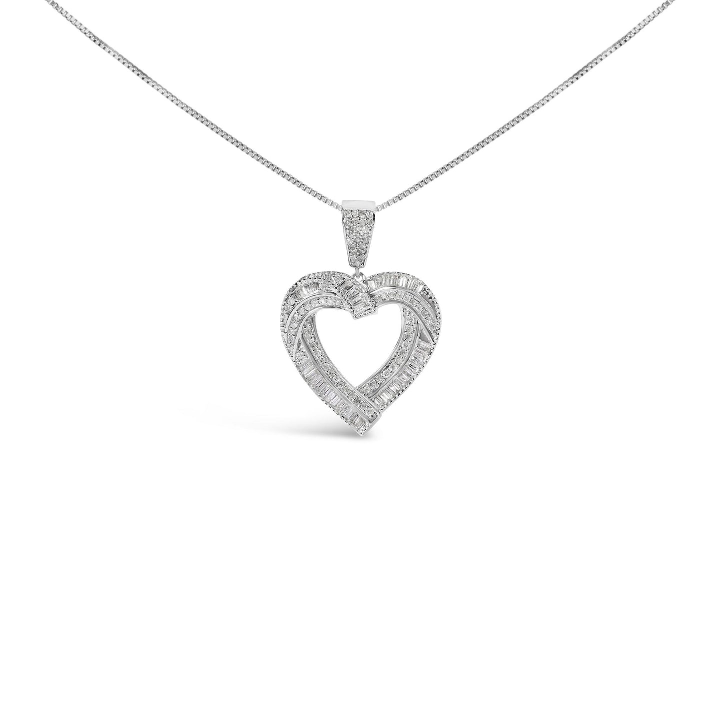 Front view of a white metal heart-shaped necklace pendant featuring intertwined rows of white round gemstones in prong settings and white baguette gemstones in channel settings, shown against a white background.