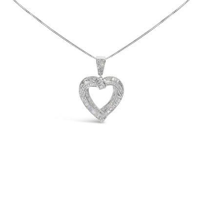Front view of a white metal heart-shaped necklace pendant featuring intertwined rows of white round gemstones in prong settings and white baguette gemstones in channel settings, shown against a white background.