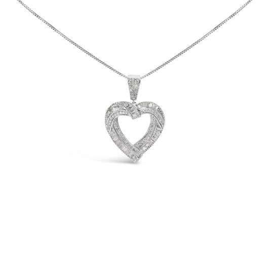 Front view of a white metal heart-shaped necklace pendant featuring intertwined rows of white round gemstones in prong settings and white baguette gemstones in channel settings, shown against a white background.