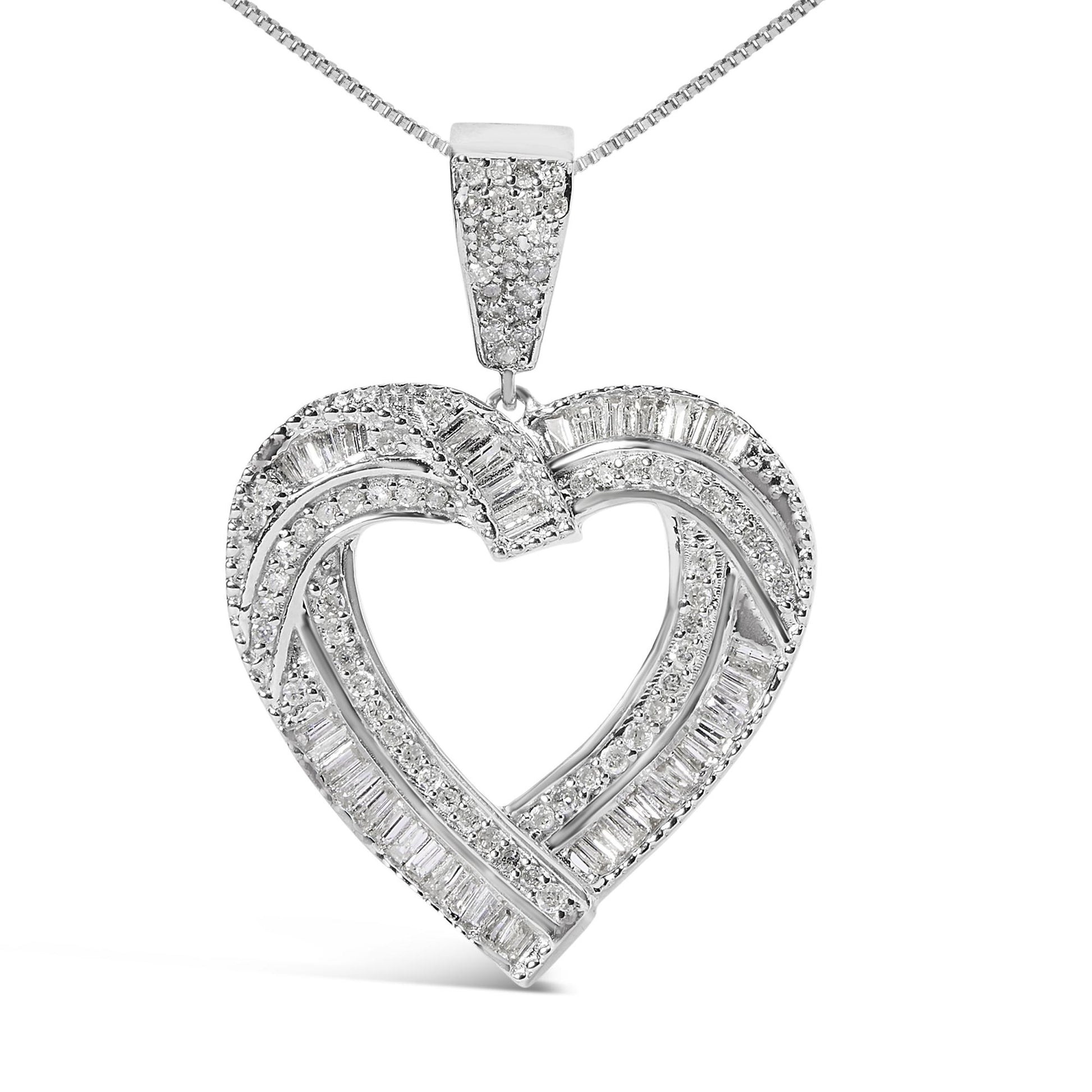 Close-up front view of a white heart-shaped necklace pendant featuring round white gemstones in prong settings and baguette white gemstones in channel settings, shown on a white background.